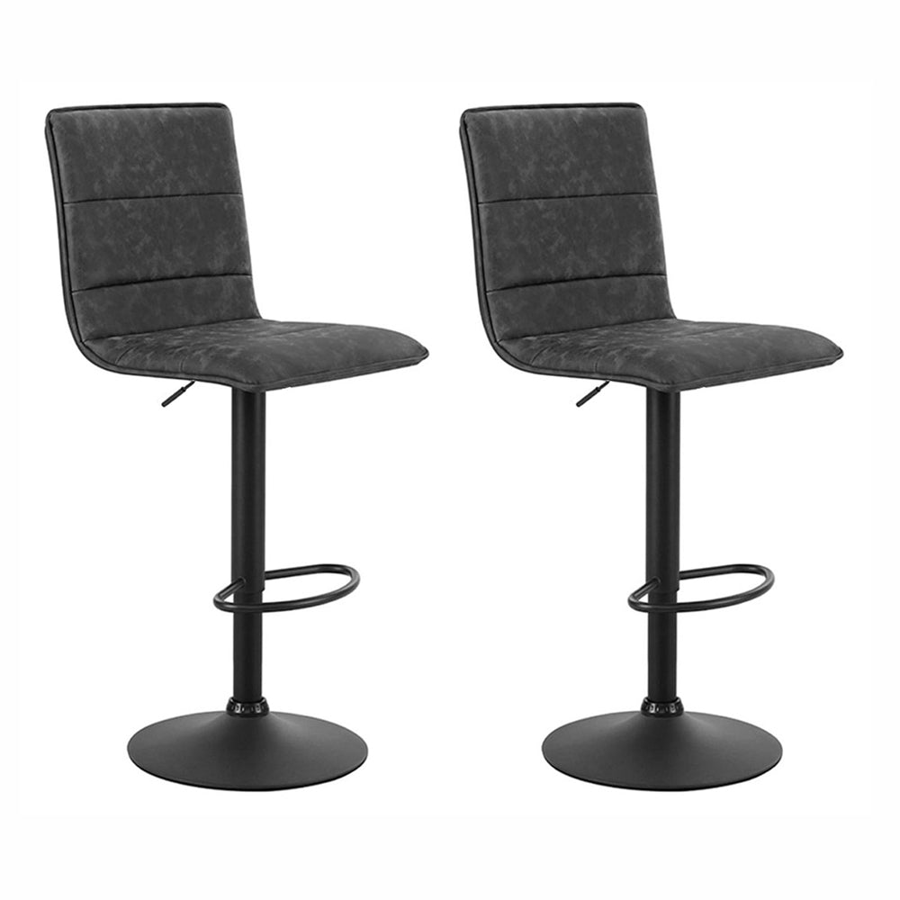 Two grey upholstered bar stools with padded seats and black bases, one with a footrest in a semi-circular shape, and both capable of adjustment in height.