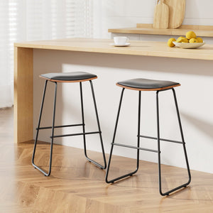 Artiss Set of 2 Backless PU Leather Bar Stools - Black and Wood