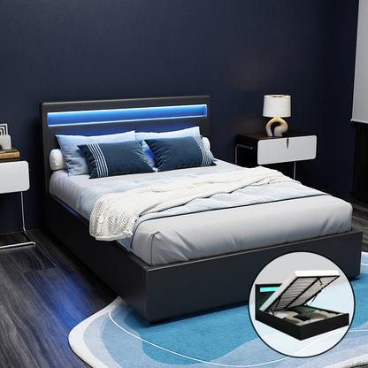A black double-sized Artiss LED gas lift bed frame with a padded headboard and LED lights, placed in a room setting with a visible storage compartment underneath.