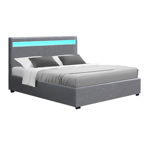 Artiss Cole LED Bed Frame Fabric Gas Lift Storage - Grey Double