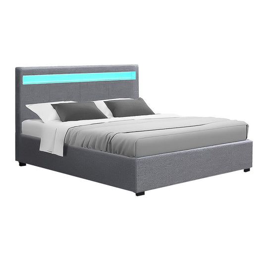 Artiss Cole LED Bed Frame Fabric Gas Lift Storage - Grey Double