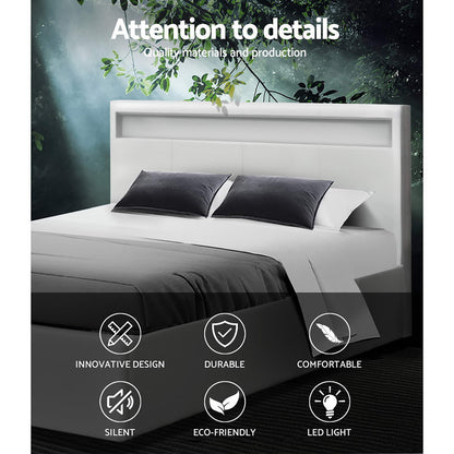 Artiss Cole LED Bed Frame PU Leather Gas Lift Storage - White Double