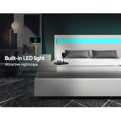 Artiss Cole LED Bed Frame PU Leather Gas Lift Storage - White Double