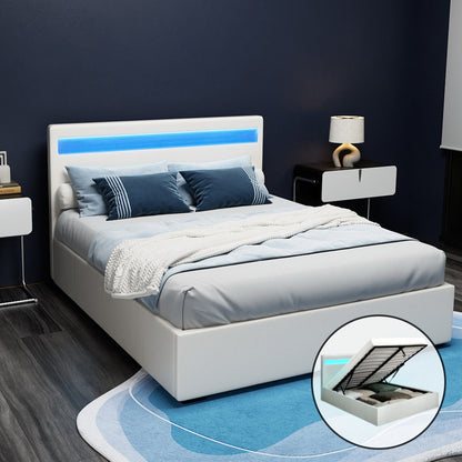 A white double-sized Artiss LED gas lift bed frame with a padded headboard and footboard, upholstered in PVC leather. The image shows the bed with the LED lights on the headboard and a storage compartment underneath highlighted.