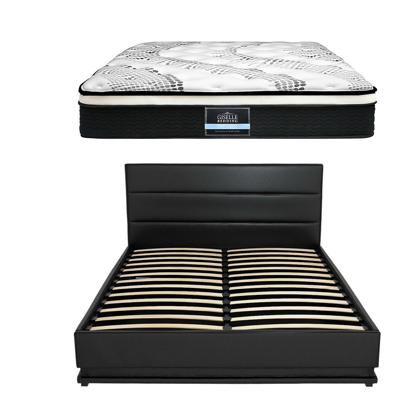 Mattress and black bed frame on a white background