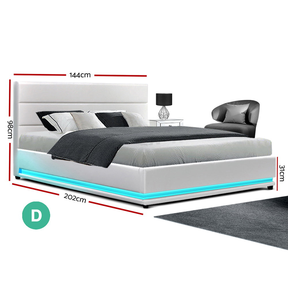 Artiss Lumi LED Bed Frame PU Leather Gas Lift Storage - White Double