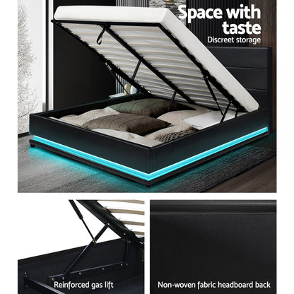 Artiss Lumi LED Bed Frame PU Leather Gas Lift Storage - Black Queen