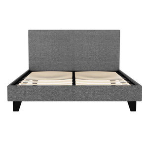 Grey Artiss Neo Bed Frame upholstered with faux linen fabric, featuring a double-sized mattress base and headboard.