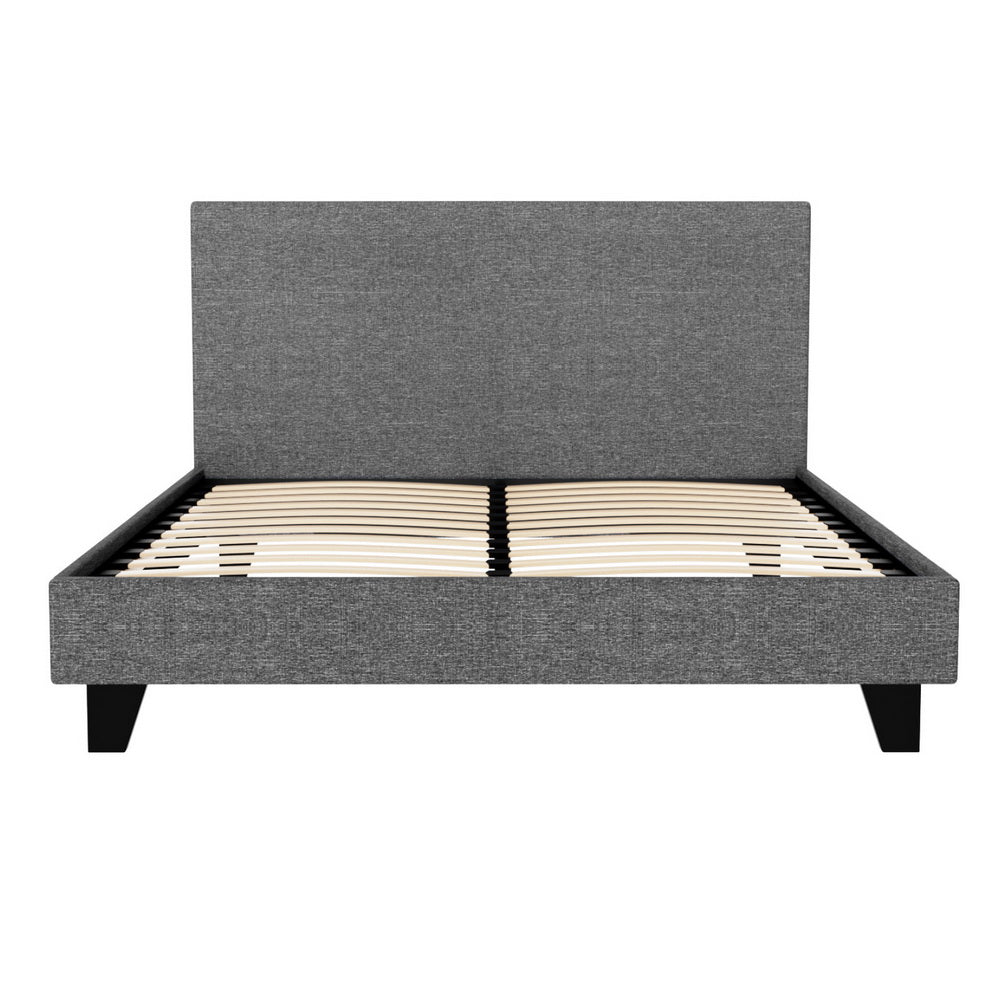 Grey Artiss Neo Bed Frame upholstered with faux linen fabric, featuring a double-sized mattress base and headboard.
