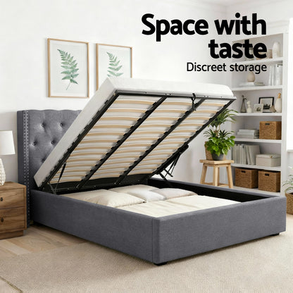 Artiss Queen Bed Frame Storage Tufted Headboard Gas Lift Base Grey
