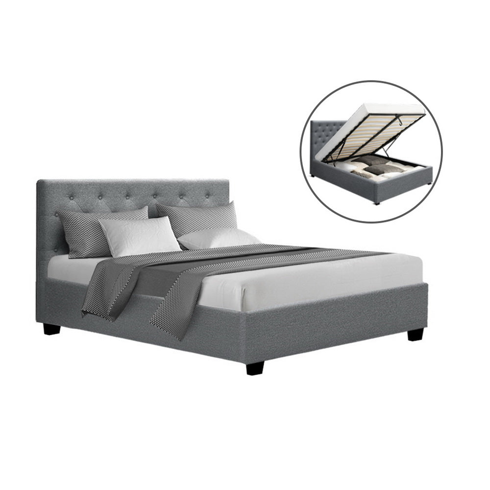 Grey double bed frame with fabric gas lift storage, featuring a tufted headboard and wooden arched slat base.