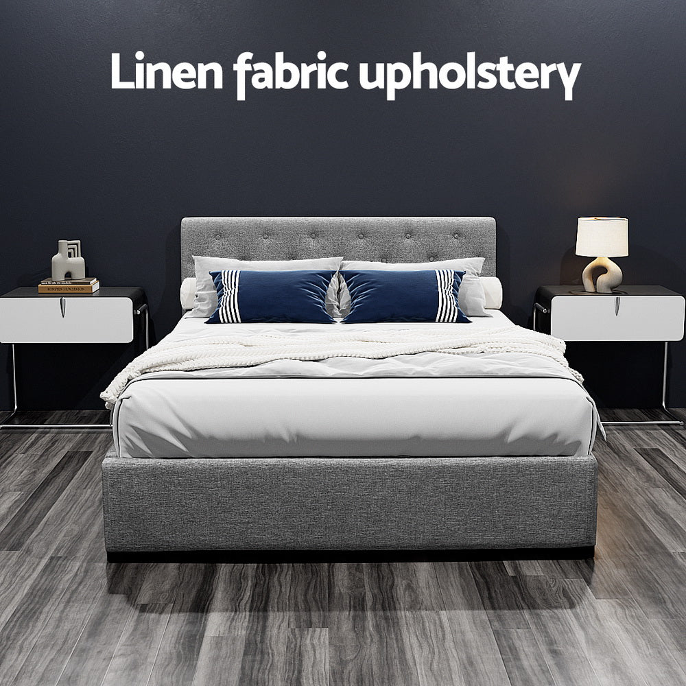 Artiss Vila Bed Frame Fabric Gas Lift Storage - Grey Double