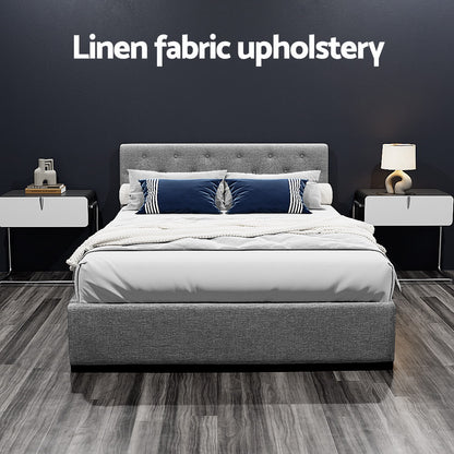 Artiss Vila Bed Frame Fabric Gas Lift Storage - Grey Double