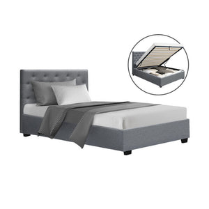 Grey king single Artiss Vila bed frame with fabric gas lift storage, featuring a tufted headboard and a storage compartment underneath the slats.