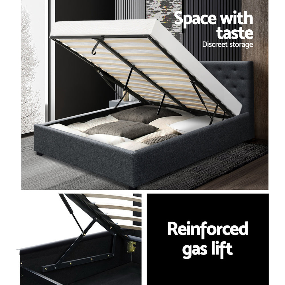 Gray upholstered bed with lift mechanism in a room setting, featuring text about storage and gas lift.
