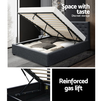 Gray upholstered bed with lift mechanism in a room setting, featuring text about storage and gas lift.