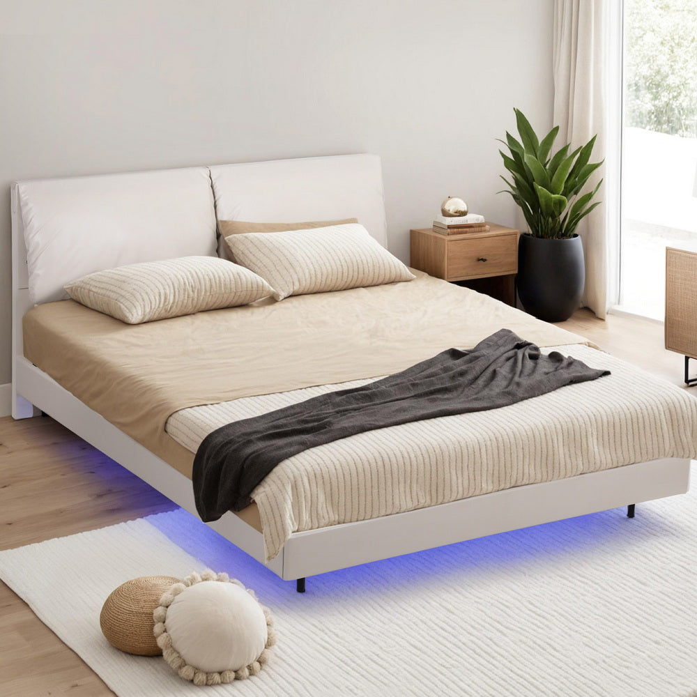 Artiss Double Bed Frame RGB LED Floating Beds Adjustable Headboard Beige White