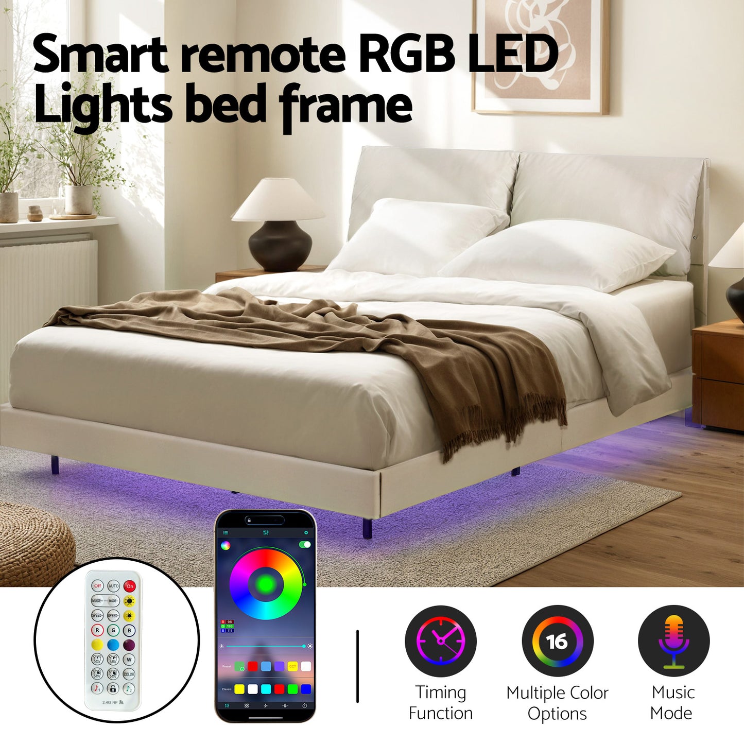 Smart remote RGB LED lights bed frame with smartphone app control and features displayed.