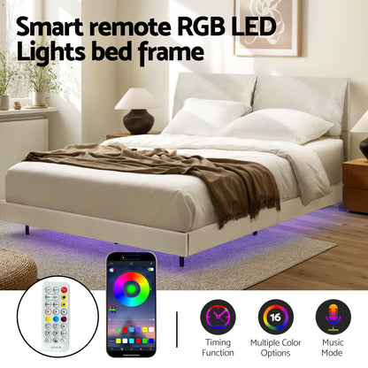 Smart remote RGB LED lights bed frame with smartphone app control and features displayed.