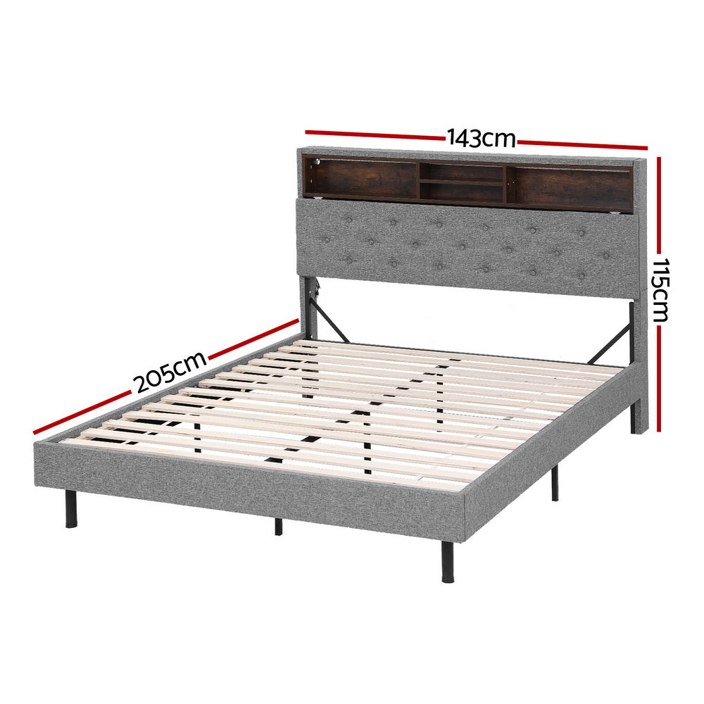 Artiss Bed Frame Double Size LED Mattress Base Platform with Storage Storage Box Grey