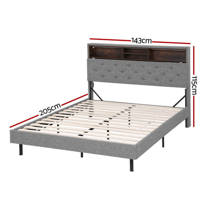 Artiss Bed Frame Double Size LED Mattress Base Platform with Storage Storage Box Grey