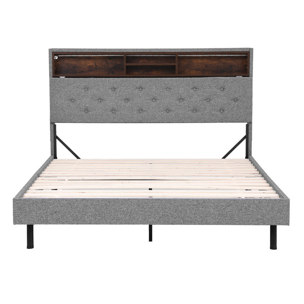 Artiss Bed Frame Double Size LED Mattress Base Platform with Storage Storage Box Grey