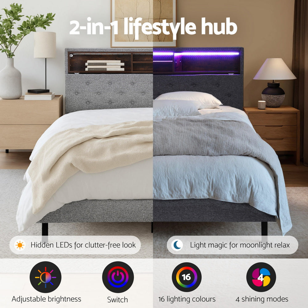 Bed with 2-in-1 lifestyle hub featuring different lighting options and features.