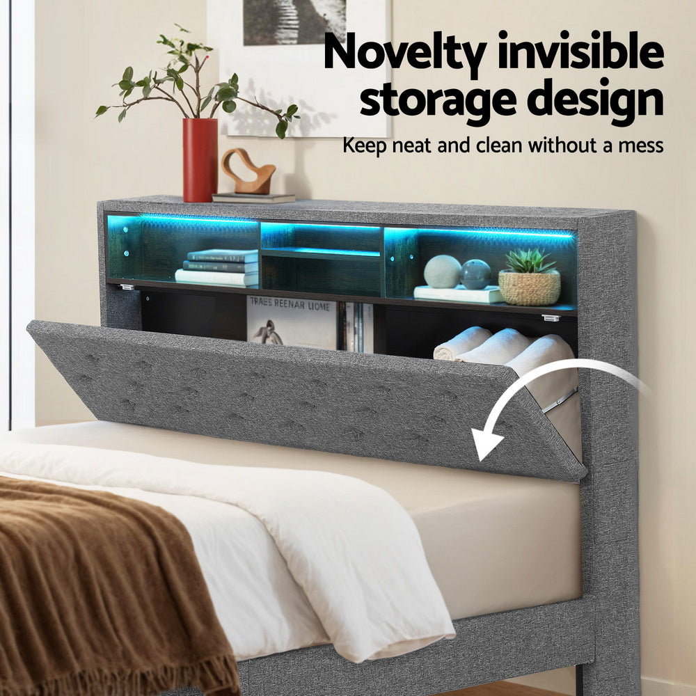 Gray headboard with built-in storage compartments and LED lighting, featuring text about a novelty invisible storage design.