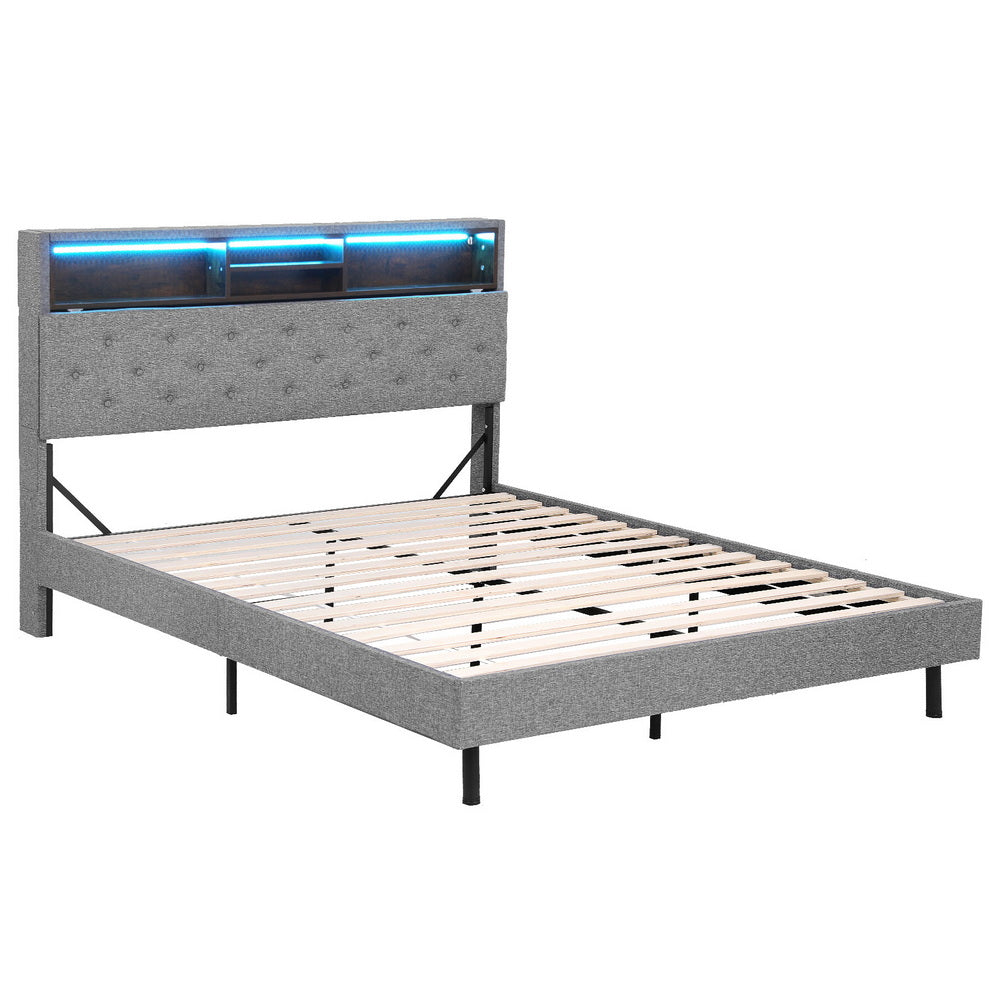 Gray upholstered bed frame with LED lighting on a white background