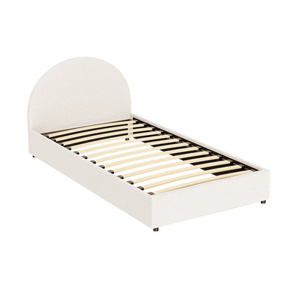 White bed frame with curved headboard on a white background