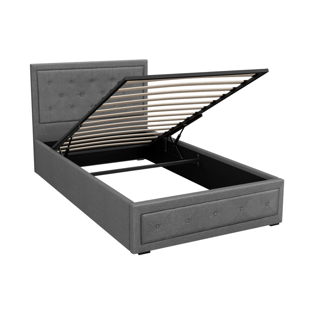 A king single size Artiss bed frame with gas lift base and storage space, upholstered in grey faux linen fabric.