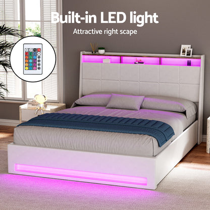 Artiss Bed Frame Gas Lift LED Beds Base Platform White PVC Leather Storage Headboard - Double