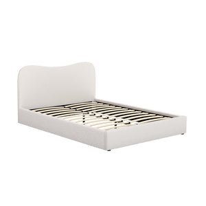 White bed frame with wooden slats on a white background