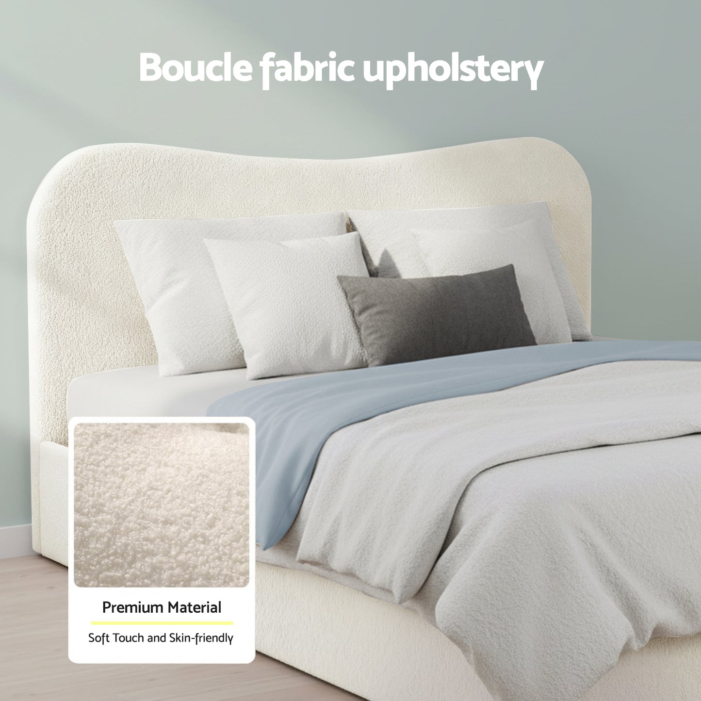 Artiss Double Bed Frame with Gaslift Storage Wooden Platform Mattress Base Boucle Upholstered White