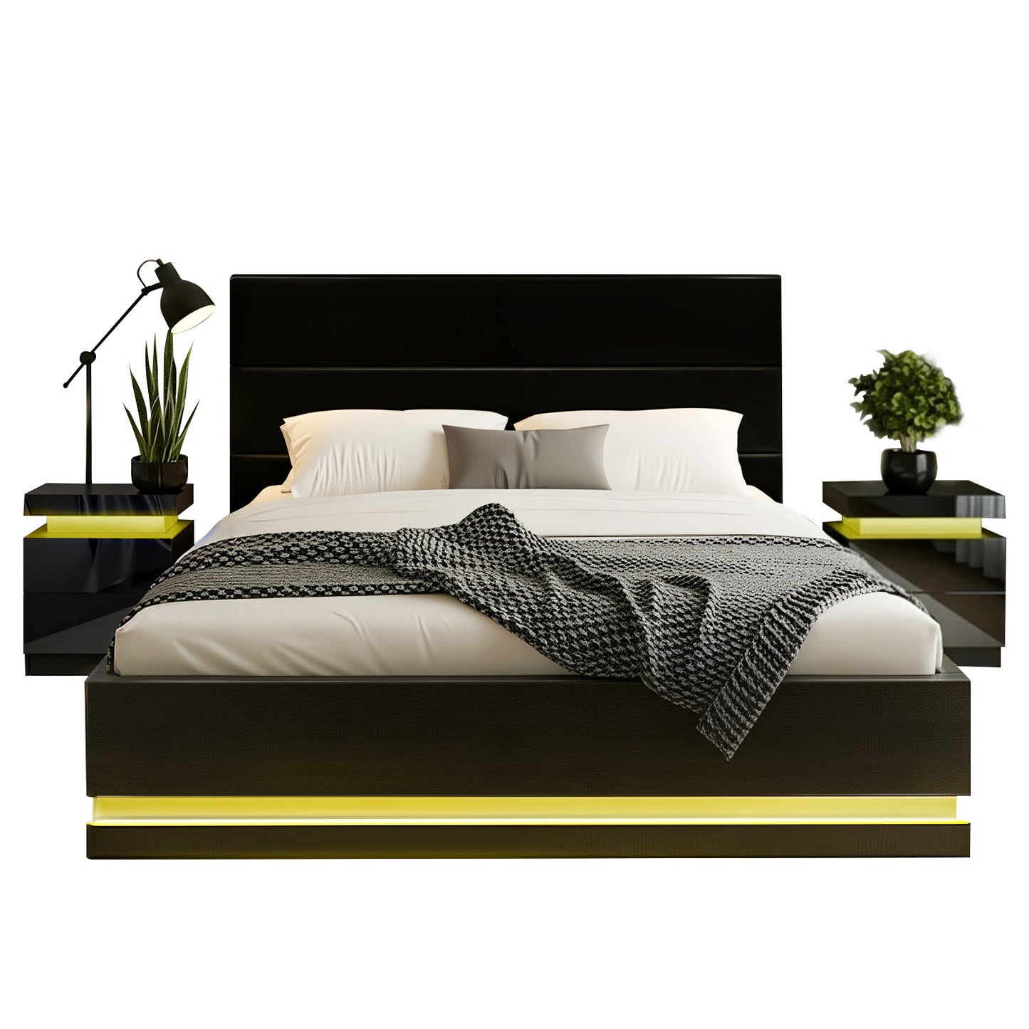 Modern bedroom setup with a black bed frame, white bedding, and decorative elements on a white background.