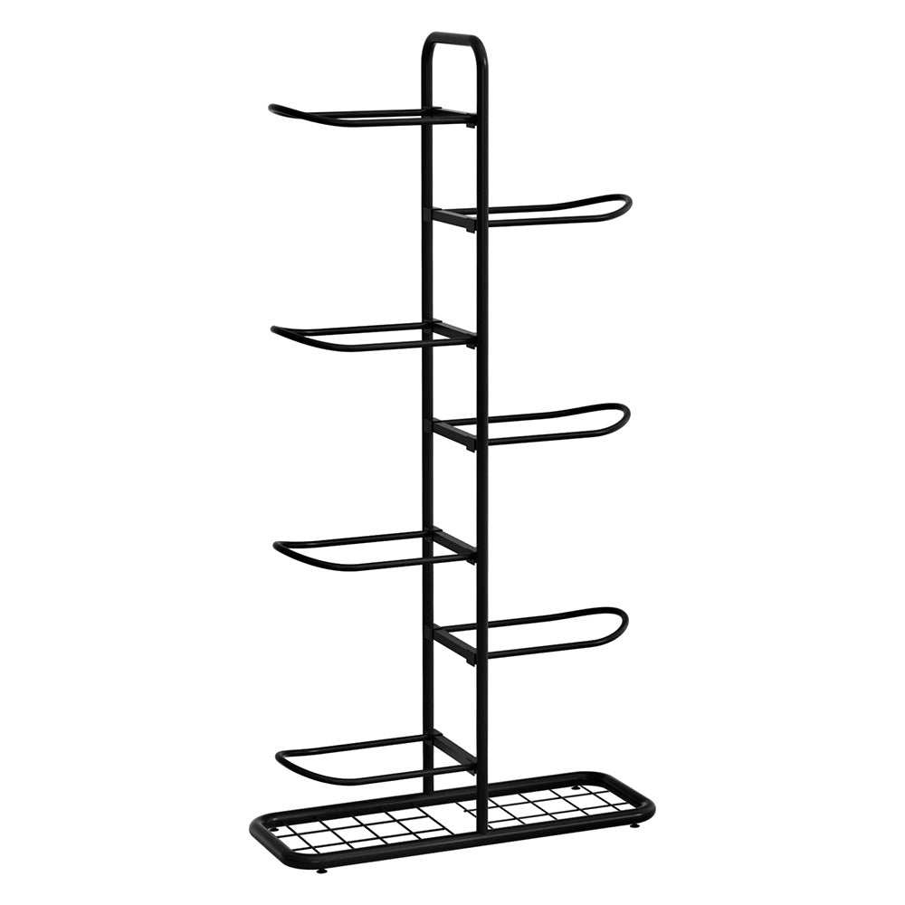 Black metal shoe rack with multiple shelves on a white background