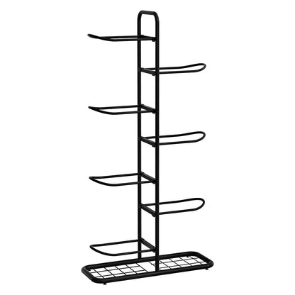 Black metal shoe rack with multiple shelves on a white background