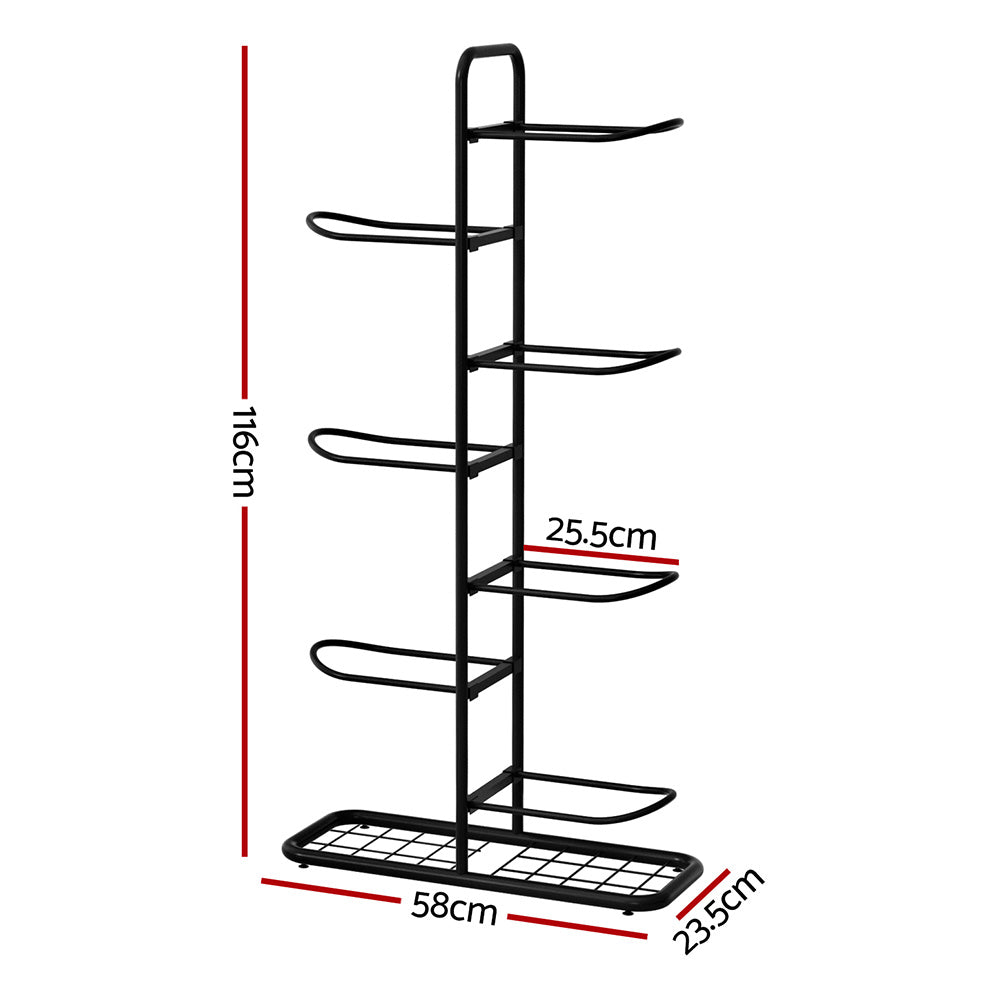 Black metal shoe rack with dimensions on a white background