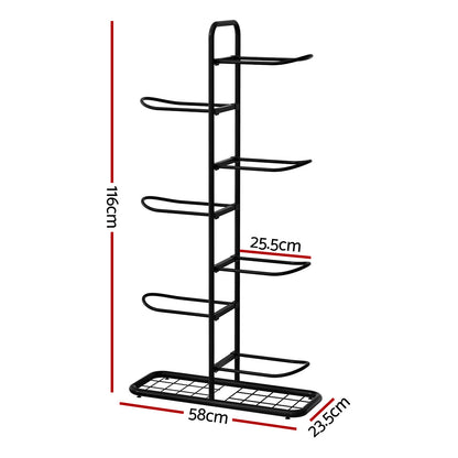 Black metal shoe rack with dimensions on a white background