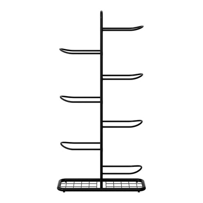 Black metal shelf with multiple tiers on a white background