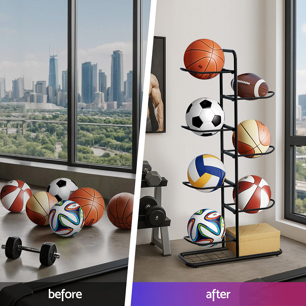 Before and after comparison of sports balls on a floor and a ball rack with a cityscape view.