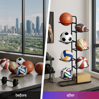 Before and after comparison of sports balls on a floor and a ball rack with a cityscape view.