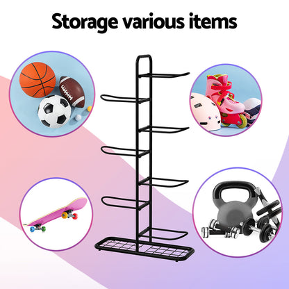 Storage rack with various items including sports balls, shoes, a skateboard, and a kettlebell on a colorful background.