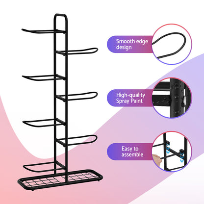 Black metal shelf with features highlighted on a gradient background