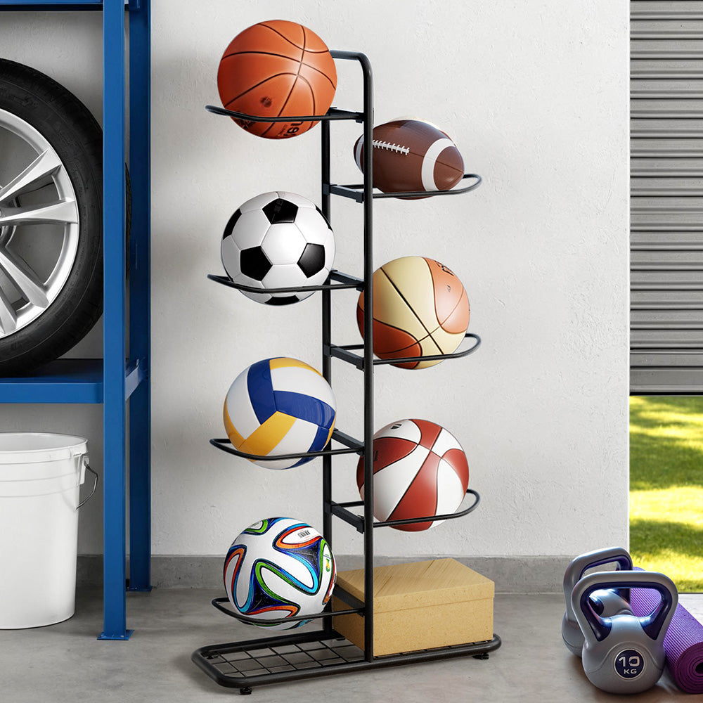 Basketball, soccer ball, and other sports balls on a metal rack in a garage setting.