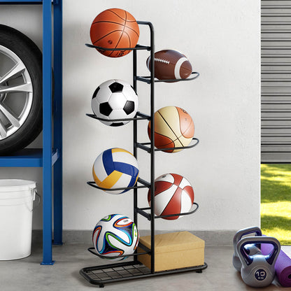Basketball, soccer ball, and other sports balls on a metal rack in a garage setting.