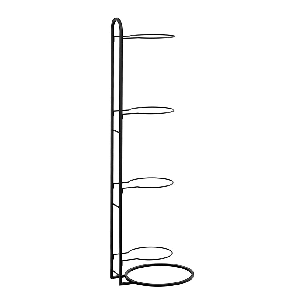 Black metal plant stand with multiple shelves on a white background