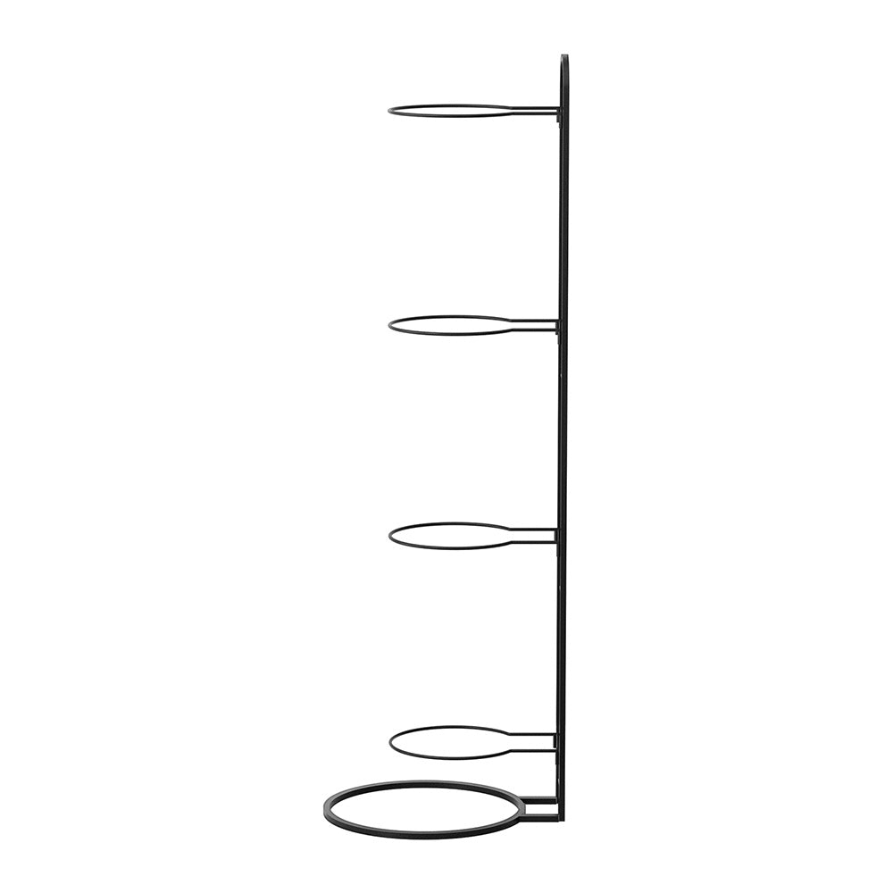 Black metal wall-mounted shoe rack with multiple shelves on a white background
