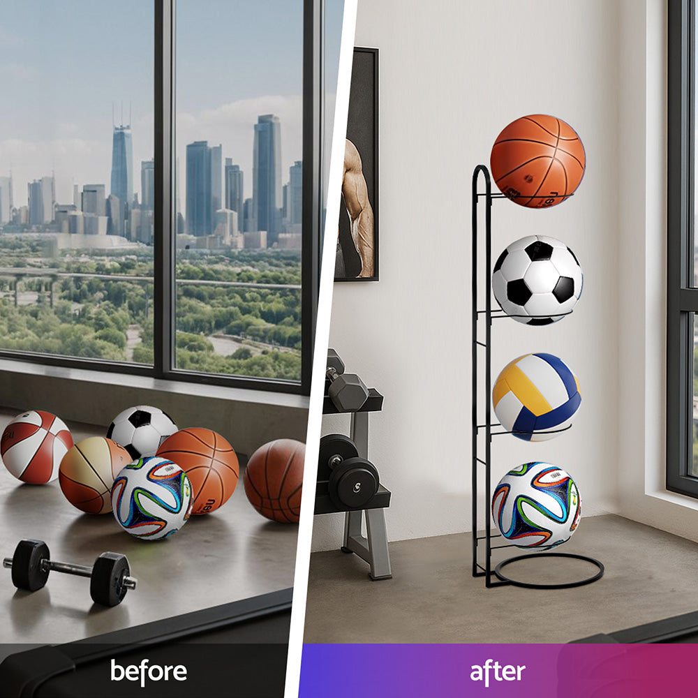 Before and after comparison of sports balls on a floor and on a stand with a cityscape view.