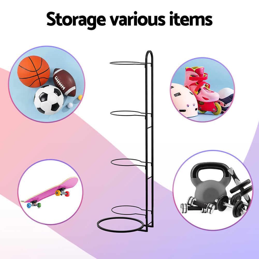 Storage rack with various items including sports balls, shoes, a skateboard, and a kettlebell on a colorful background.